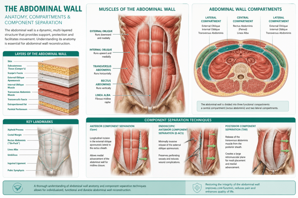 Infographic showing layers of the abdominal wall
