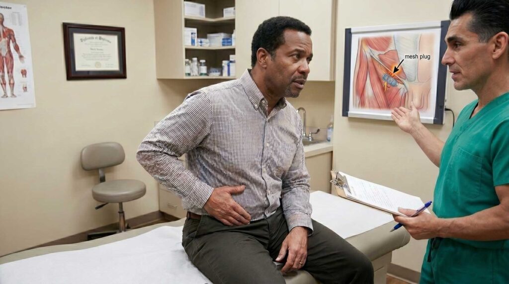 Dr. Zahiri talking to a patient who might have a mesh plug complication