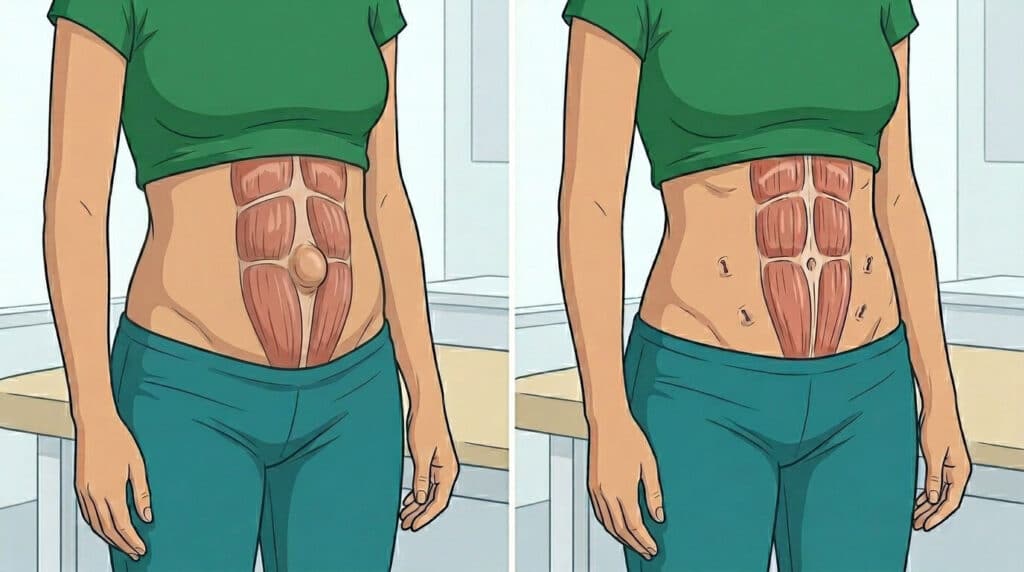 Illustration depicting a woman with diastasis recti and an umbilical hernia before and after abdominal wall reconstruction