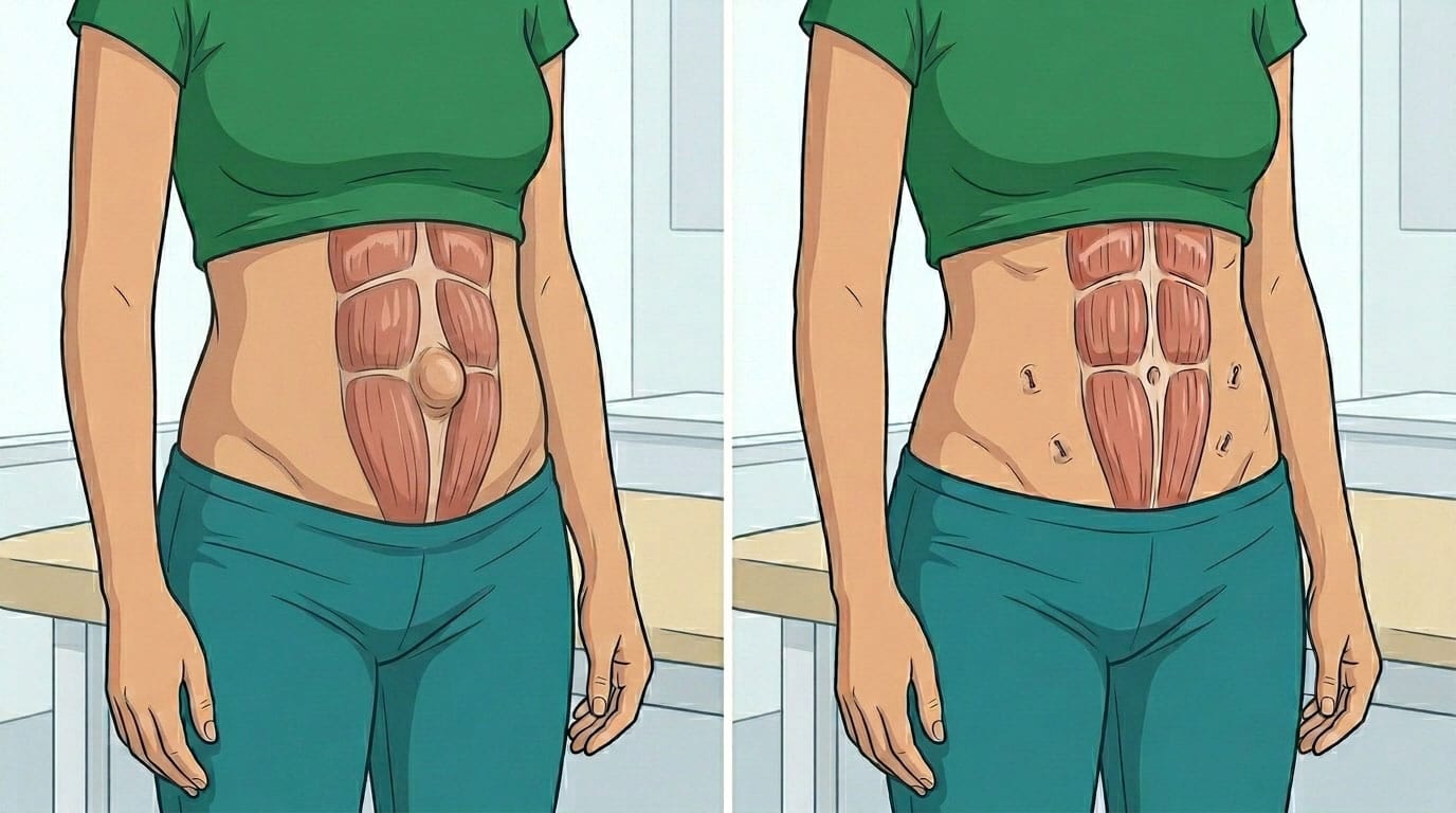 Illustration depicting a woman with diastasis recti and an umbilical hernia before and after abdominal wall reconstruction