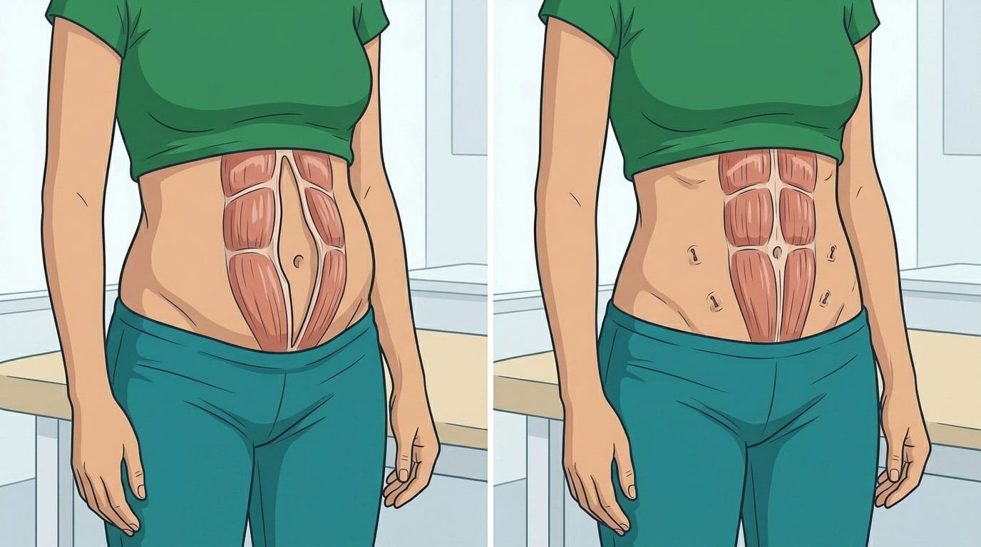 Illustration depicting a woman with diastasis rect before and after abdominal wall reconstruction