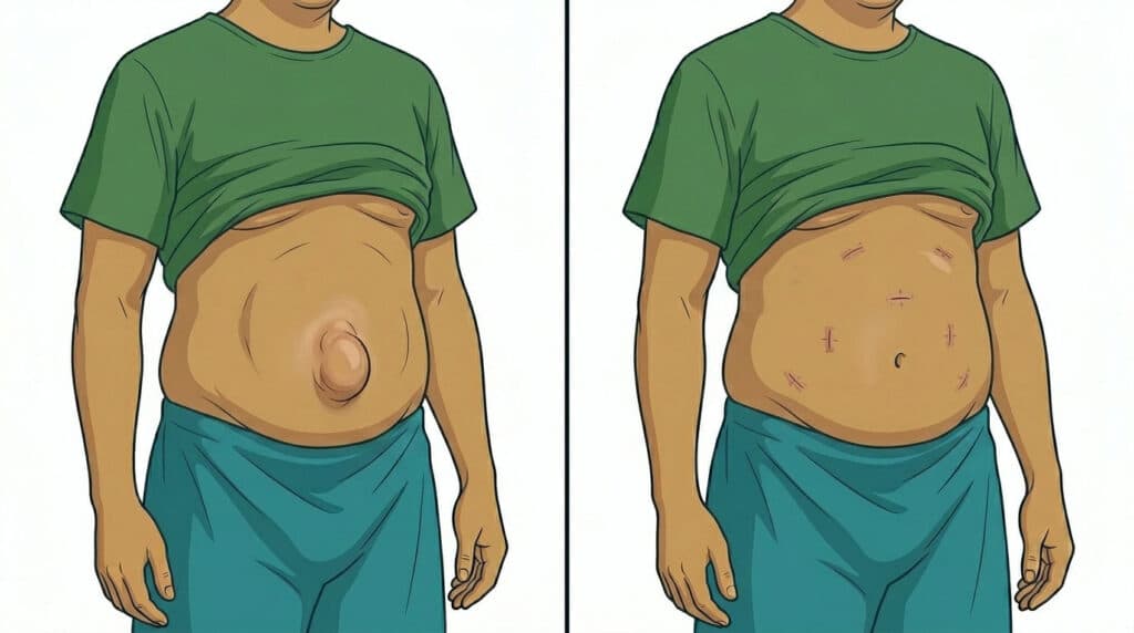 Illustration depicting a man before and after robotic hernia surgery