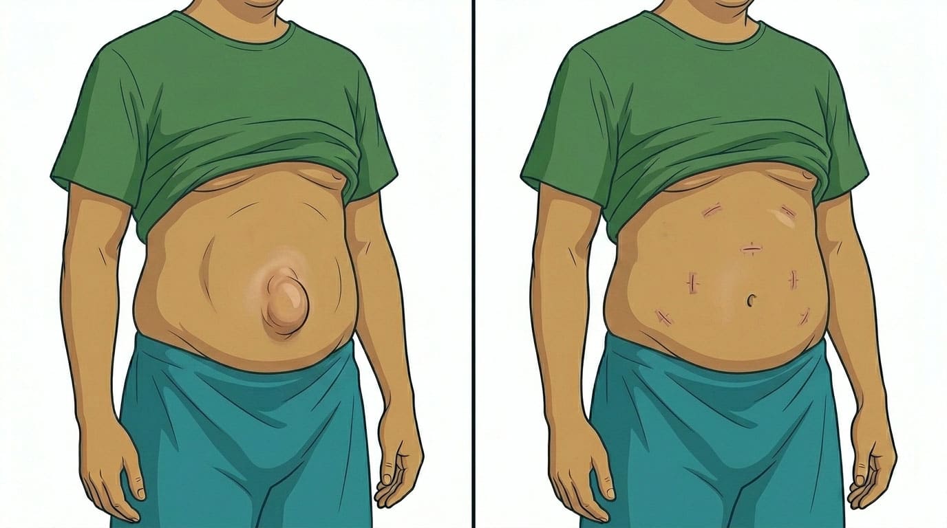 Illustration depicting a man before and after robotic hernia surgery
