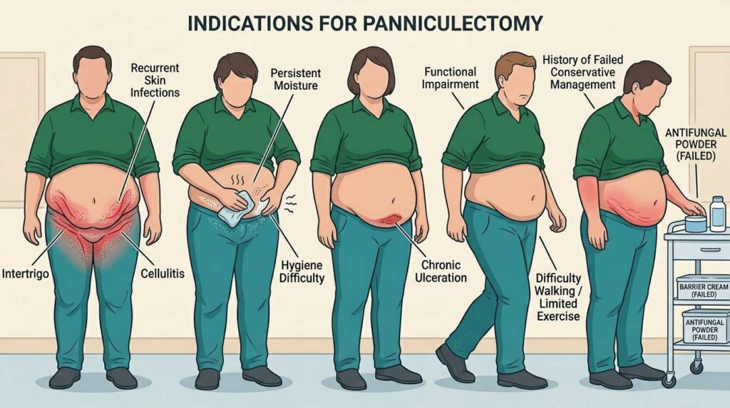 Illustration showing indications for a panniculectomy