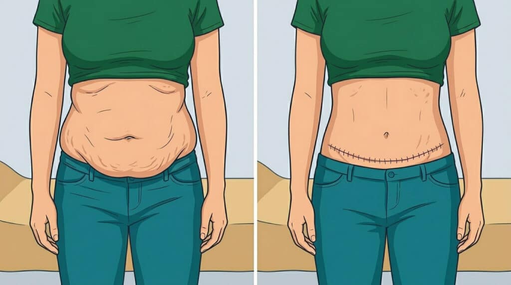 Illustration demonstrating a woman's abdomen before and after a tummy tuck