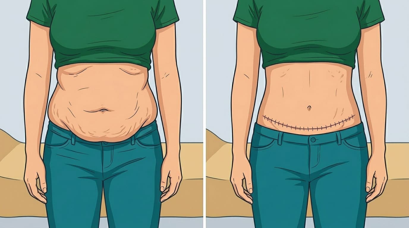 Illustration demonstrating a woman's abdomen before and after a tummy tuck