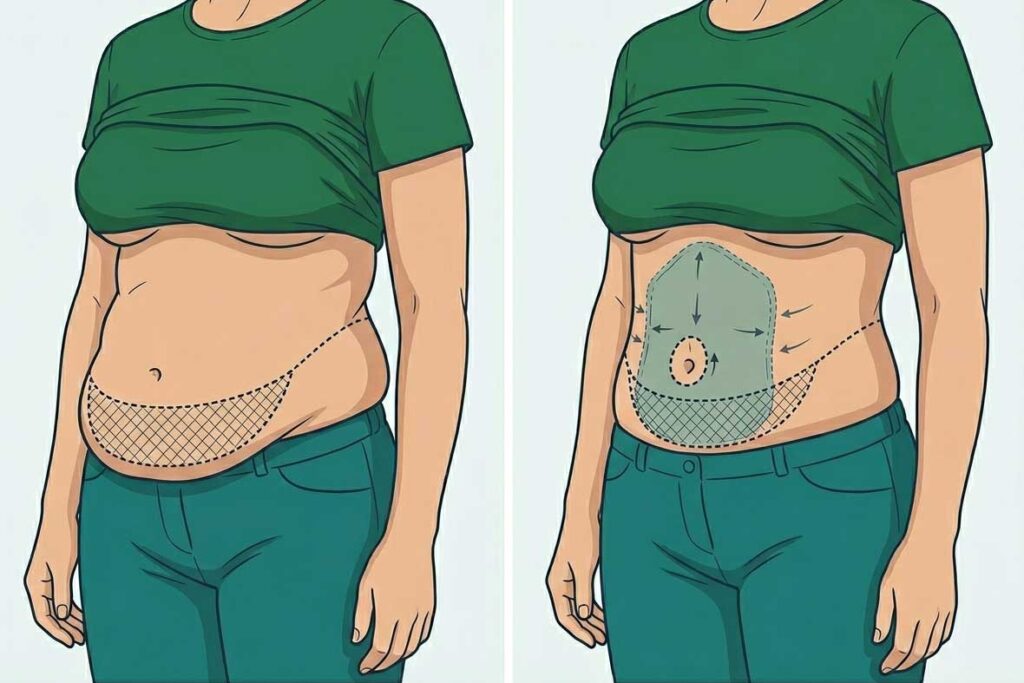 Illustration demonstrating the difference between a tummy tuck and panniculectomy